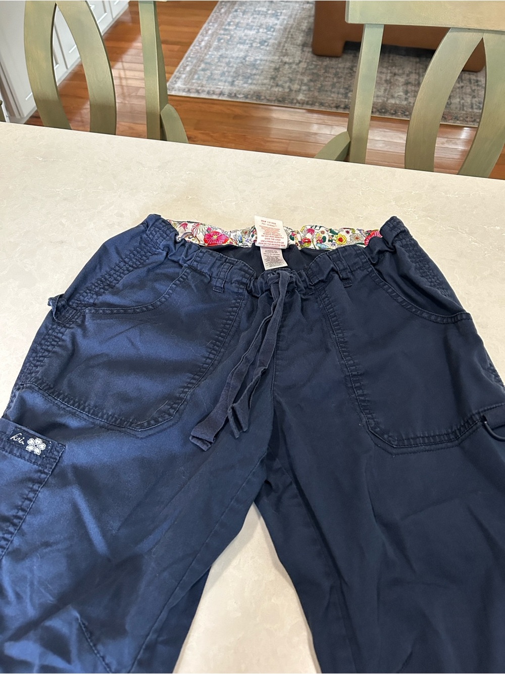 koi Navy Scrub Pants with Floral Waistband